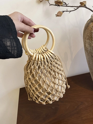 Bohemian Hand Woven Cotton Rope Bucket Bag For Women Vintage Circular Handbag With Wooden Ring Handles Beach Purse