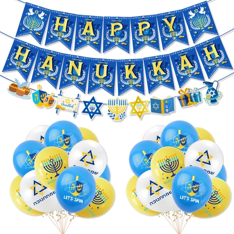 Hanukkah Party Decoration Happy Hanukkah Banner Blue Yellow White Latex Balloons Menorah Dreidel Star Of David Festive Garland