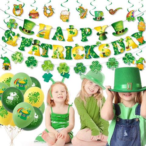 Decorazioni Per Festa Di San Patrizio Banner Trifogli Oggetti Scena Foto Spirali Appese Palloncini In Lattice Per Festival Irlandese