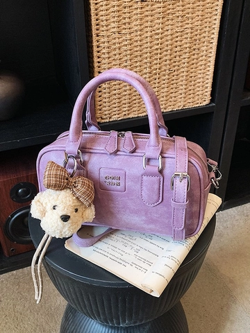 Borsa Boston Vintage in Pelle PU per Donna Stile Francese Piccola Borsa a Mano a Tracolla Con Ciondolo a Forma di Orsetto di Peluche