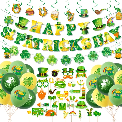 Decorazioni Per Festa Di San Patrizio Banner Trifogli Oggetti Scena Foto Spirali Appese Palloncini In Lattice Per Festival Irlandese