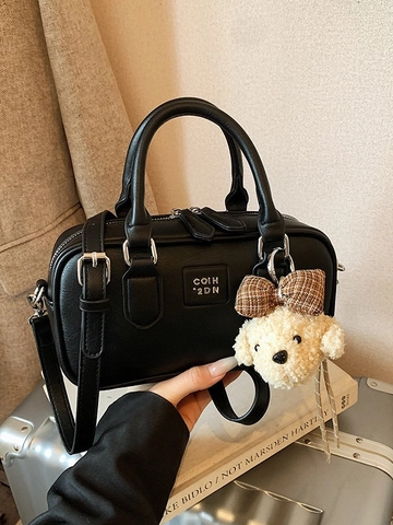 Borsa Boston Vintage in Pelle PU per Donna Stile Francese Piccola Borsa a Mano a Tracolla Con Ciondolo a Forma di Orsetto di Peluche