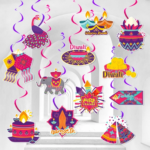 Decorazioni per Feste Diwali Riccioli Appesi Set Festival Indiano Pavone Elefante Diya Carte di Carta a Doppia Faccia Spirali