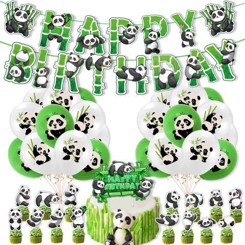 Giant Panda Themed Birthday Party Decoration Kit Bamboo Style Letter Banner Latex Balloons And Cake Toppers Supplies
