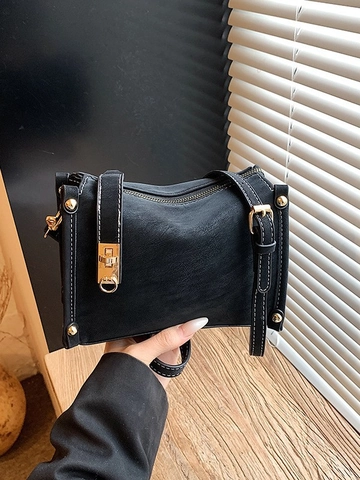Fashion PU Leather Crossbody Bag For Women Retro Gold Hardware Contrast Stitching Square Shoulder Bag Daily Commuter Purse