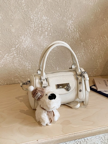 Women Chic PU Leather Boston Bag High Aesthetic Urban Simplicity Crossbody Bag With Plush Dog Pendant Retro Bowling Satchel