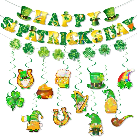 St. Patrick's Day Party Decorations Set Coated Paper Shamrock Banner Hanging Swirls Clover Garland Leprechaun Rainbow Decor