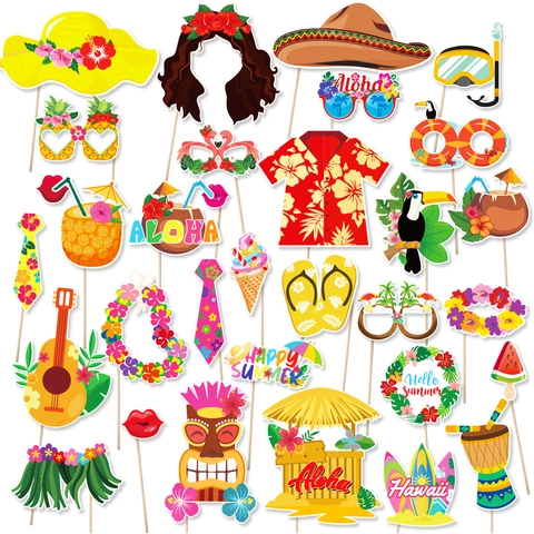 Hawaiian Photo Booth Props Tropical Luau Party Decorations Beach Summer Theme Paper Props Aloha Flamingo Tiki Design Photography Accessories