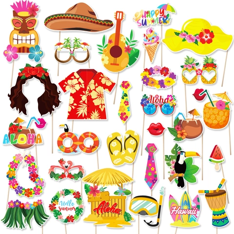 Hawaiian Photo Booth Props Tropical Luau Party Decorations Beach Summer Theme Paper Props Aloha Flamingo Tiki Design Photography Accessories