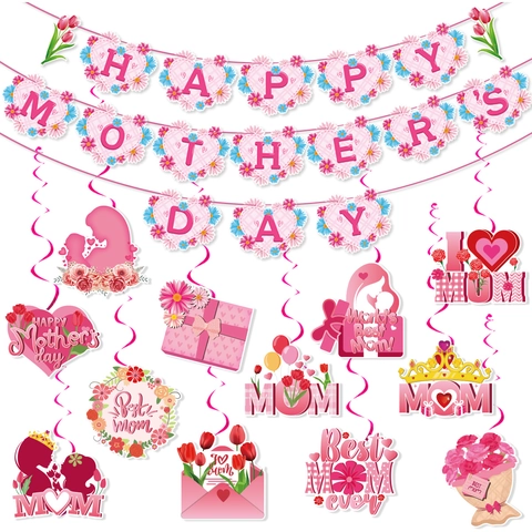 Striscione Happy Mother's Day Lettere a Forma di Cuore Set Decorazioni Appese Rosa Fiori Carta Stampata Articoli per Feste Casa