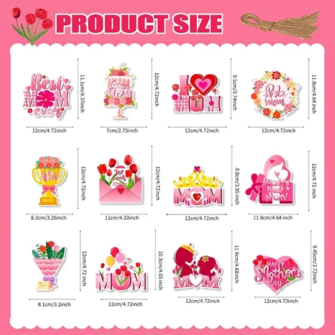Cartellini Appesi Decorativi per Festa della Mamma Cuore Corona Floreale Stampata Ornamenti in Cartoncino Con Corda di Canapa