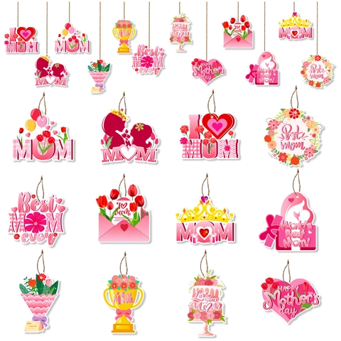 Cartellini Appesi Decorativi per Festa della Mamma Cuore Corona Floreale Stampata Ornamenti in Cartoncino Con Corda di Canapa