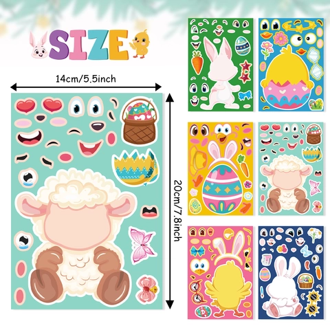 Autocollants de Visage de Pâques DIY pour Enfants Faire un Visage Dessin Animé Animal Lapin Poussin Mouton Autocollants Auto-adhésifs pour Fêtes Projets Artistiques Décoration de Vacances