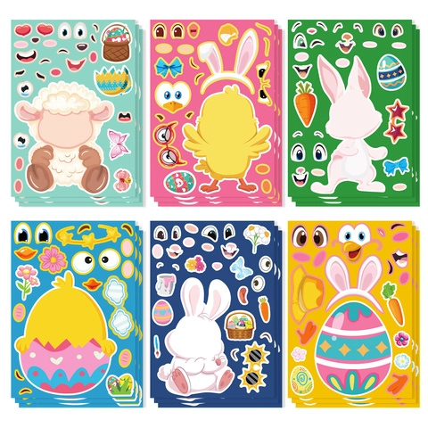 Autocollants de Visage de Pâques DIY pour Enfants Faire un Visage Dessin Animé Animal Lapin Poussin Mouton Autocollants Auto-adhésifs pour Fêtes Projets Artistiques Décoration de Vacances