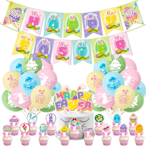 Kit Décoration Fête de Pâques Ballons en Latex Bannière Toppers de Gâteau Motif Lapin Oeuf Articles de Fête Pour Maison