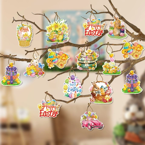 12 Pezzi Retro Pasqua Etichette Appese Fronte Retro Happy Easter Coniglio Pulcino Uovo Ornamenti Con Corda per Festa Casa
