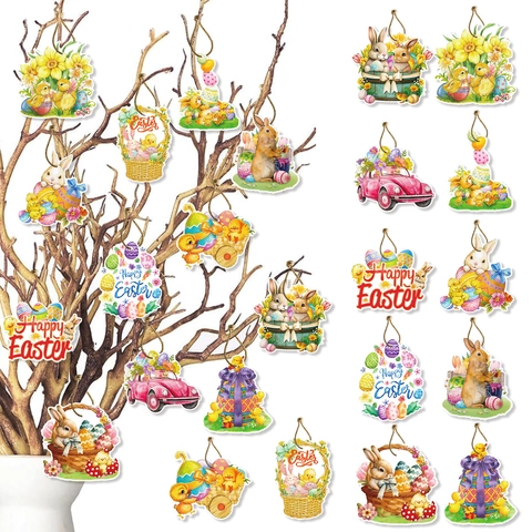 12 Pezzi Retro Pasqua Etichette Appese Fronte Retro Happy Easter Coniglio Pulcino Uovo Ornamenti Con Corda per Festa Casa