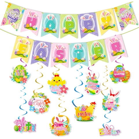 Easter Party Decoration Set Happy Easter Banner Bunny Egg Chick Spiral Ornaments For Festive Celebration Home Decor