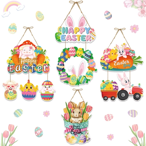 Decoración Colgante de Puerta Happy Easter de Papel Conejo Pollito Huevo Zanahoria Letrero de Bienvenida para Fiesta de Pascua Decoración Pared