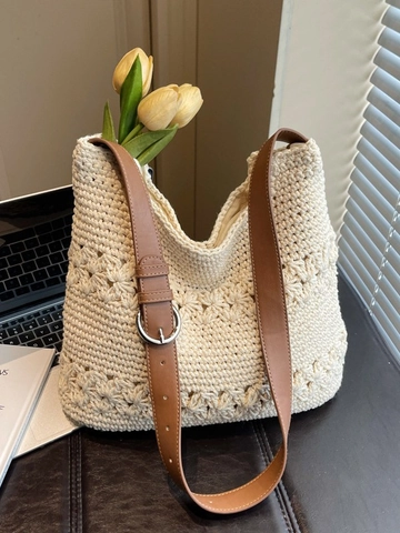Sac Cabas en Paille Tissé à la Main Vintage pour Femmes Sac à Épaule Ajouré Grande Capacité Avec Bandoulière en Cuir Réglable Sac de Plage d'Été Décontracté