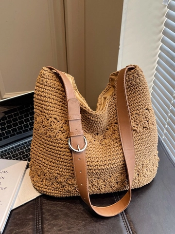 Sac Cabas en Paille Tissé à la Main Vintage pour Femmes Sac à Épaule Ajouré Grande Capacité Avec Bandoulière en Cuir Réglable Sac de Plage d'Été Décontracté
