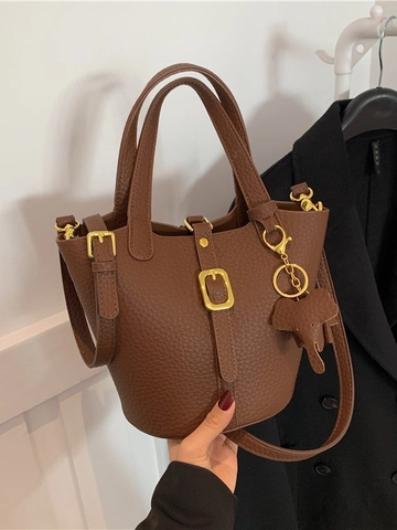 Borsa a Secchiello in Pelle PU Vintage Motivo Litchi Per Donna Con Ciondolo Elefante Hardware Dorato Borsa a Mano Tracolla