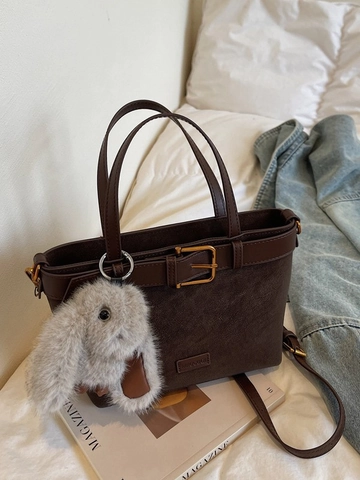Sac à Main Fourre-tout pour Femme en Cuir PU Bloc de Couleur Vintage Urbain Simple Sac à Bandoulière Avec Décoration de Pendentif Lapin en Peluche