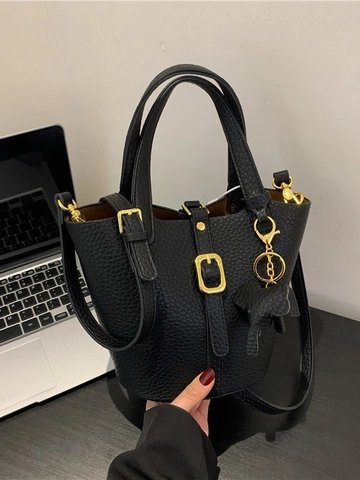 Borsa a Secchiello in Pelle PU Vintage Motivo Litchi Per Donna Con Ciondolo Elefante Hardware Dorato Borsa a Mano Tracolla