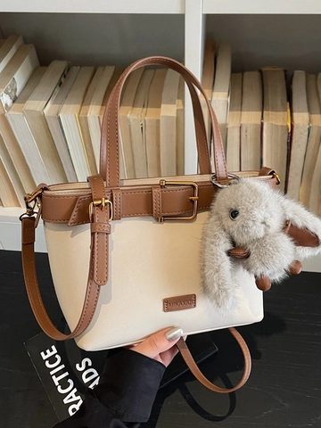 Sac à Main Fourre-tout pour Femme en Cuir PU Bloc de Couleur Vintage Urbain Simple Sac à Bandoulière Avec Décoration de Pendentif Lapin en Peluche