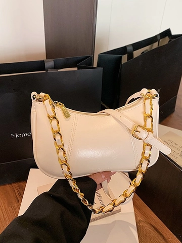 Vintage Oil Wax PU Leather Underarm Bag For Women Chain Decor Hobo Shoulder Crossbody Bag Minimalist Solid Color Daily Purse