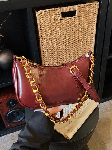 Vintage Oil Wax PU Leather Underarm Bag For Women Chain Decor Hobo Shoulder Crossbody Bag Minimalist Solid Color Daily Purse