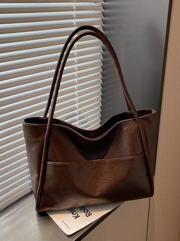 Bolso Tote Vintage de Cuero PU para Mujer Gran Capacidad Estilo Urbano Minimalista Bolso de Hombro Con Bolsillo Frontal para Uso Diario