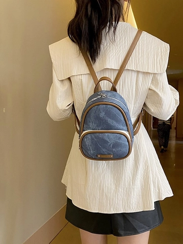 Mini Sac à Dos en Cuir PU Rétro pour Femmes Texture Lavée Petit Sac de Voyage de Mode Fashion Bags Design Avec Passepoil Contrasté