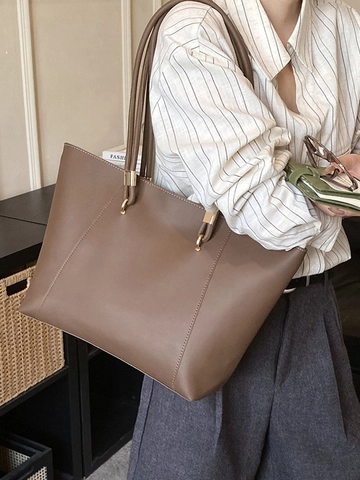 Large Capacity PU Leather Tote Bag For Women Minimalist Urban Commuter Shoulder Bag College Student Handbag Solid Color
