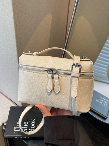 Bolso Bandolera Caja de Cuero PU Con Patrón de Avestruz Vintage de Nicho para Mujer Con Herrajes Plateados Bolso de Mano Moda Diario