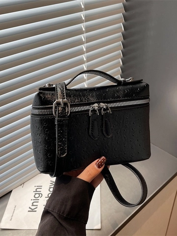 Bolso Bandolera Caja de Cuero PU Con Patrón de Avestruz Vintage de Nicho para Mujer Con Herrajes Plateados Bolso de Mano Moda Diario