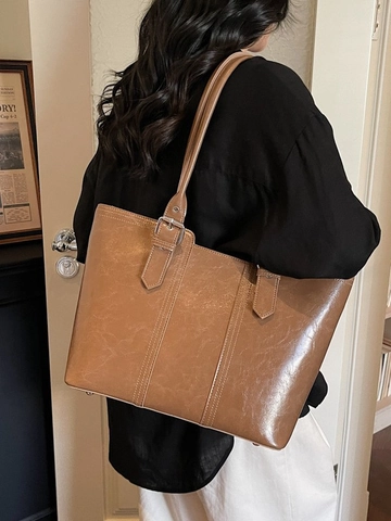 Bolso de Mano de Gran Capacidad de Cuero PU Encerado Vintage para Mujer Bolso de Hombro Urbano Simple Color Sólido Suave