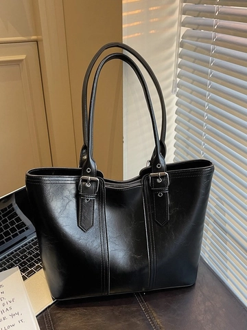 Bolso de Mano de Gran Capacidad de Cuero PU Encerado Vintage para Mujer Bolso de Hombro Urbano Simple Color Sólido Suave