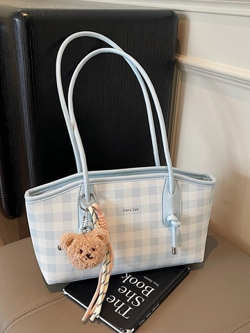 Karierte Gingham Tote Bag Damen PU Leder Achseltasche Mit Bärenanhänger Patchwork Steppnaht Muster Fashion Schultertasche