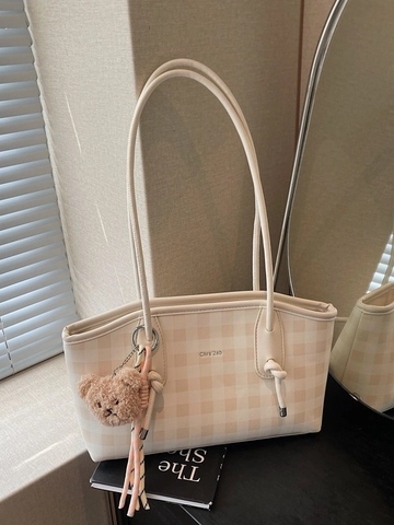 Karierte Gingham Tote Bag Damen PU Leder Achseltasche Mit Bärenanhänger Patchwork Steppnaht Muster Fashion Schultertasche