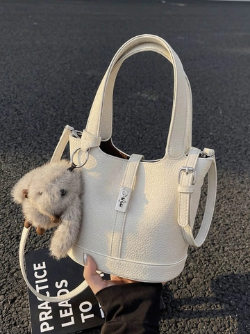Sac Seau Vintage en Cuir PU pour Femmes Motif Litchi Sac à Main Avec Verrouillage Métal Pendentif Lapin en Peluche