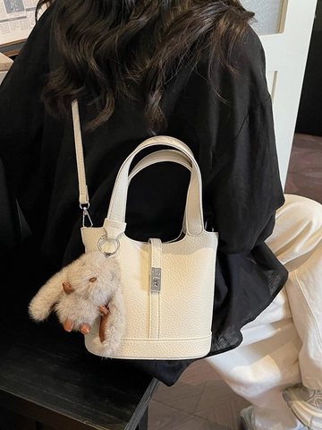 Sac Seau Vintage en Cuir PU pour Femmes Motif Litchi Sac à Main Avec Verrouillage Métal Pendentif Lapin en Peluche