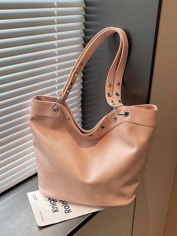 Vintage Large Capacity PU Leather Tote Bag For Women Minimalist Shoulder Bag With Metal Eyelets Grommets Fashion Handbag