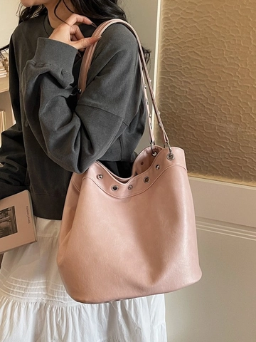 Vintage Large Capacity PU Leather Tote Bag For Women Minimalist Shoulder Bag With Metal Eyelets Grommets Fashion Handbag
