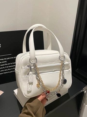 Borsa Boston da Donna in Pelle PU Granulata Borsa a Tracolla Versatile Pendolare Borsa a Mano di Grande Capacità Con Catena a Cuore