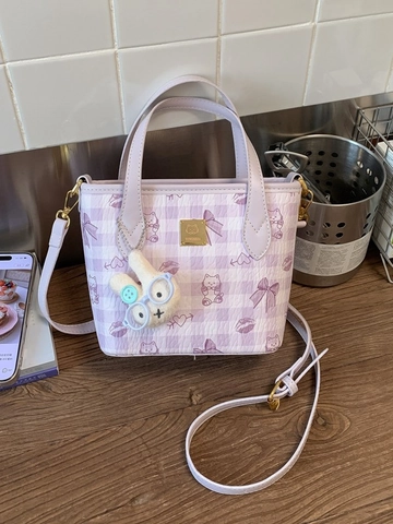 Borsa Sottobraccio Donna a Quadri Stampa Cartoon Pelle PU Borsa a Tracolla Con Ciondolo Coniglio Dolce Borsa a Mano Piccola Tote