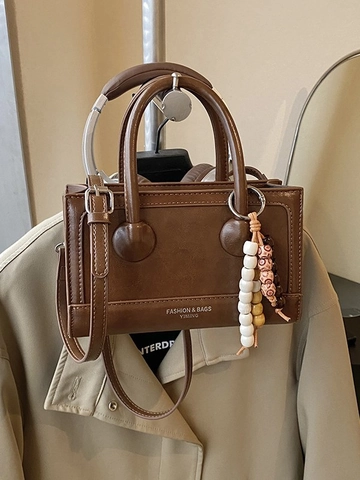 Bolso Cuadrado Pequeño de Cuero PU Vintage Francés para Mujer Bolso de Hombro Cruzado Mate Con Colgante de Cuentas de Madera