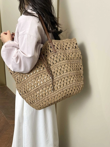 Damen Hollow Woven Tragetasche Stroh Strand Umhängetasche Mit Lederriemen Große Kapazität Mode Pendler Reise Handtasche