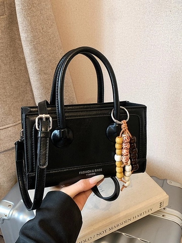 Bolso Cuadrado Pequeño de Cuero PU Vintage Francés para Mujer Bolso de Hombro Cruzado Mate Con Colgante de Cuentas de Madera