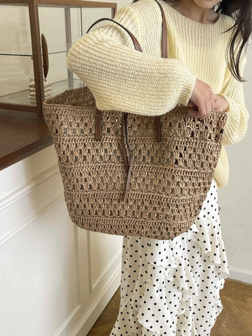 Damen Hollow Woven Tragetasche Stroh Strand Umhängetasche Mit Lederriemen Große Kapazität Mode Pendler Reise Handtasche